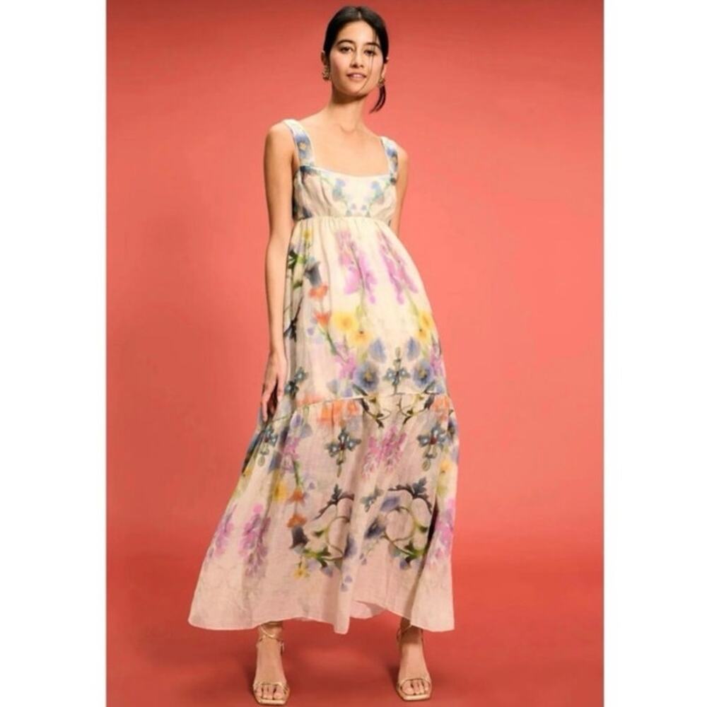 Marchesa Rosa Floral 
Ramie Maxi Dress 
Sleeveless Tiered Sz 8